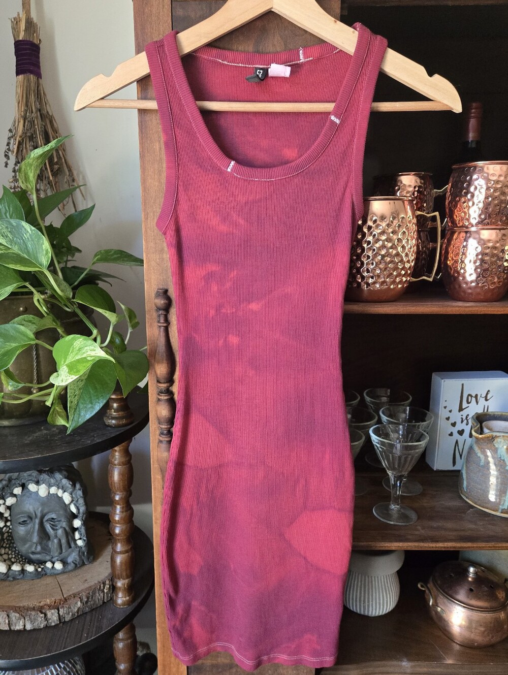 UPCYCLED Maroon Hand-Dyed Sleeveless Bodycon Tank Dress, Xsmall